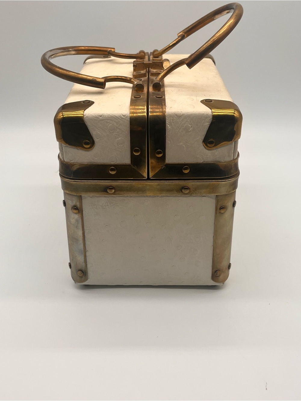 Lizette Vintage Train Case Purse Vanity Box Handbag Embossed Leather Gold/Brass - Picture 6 of 12